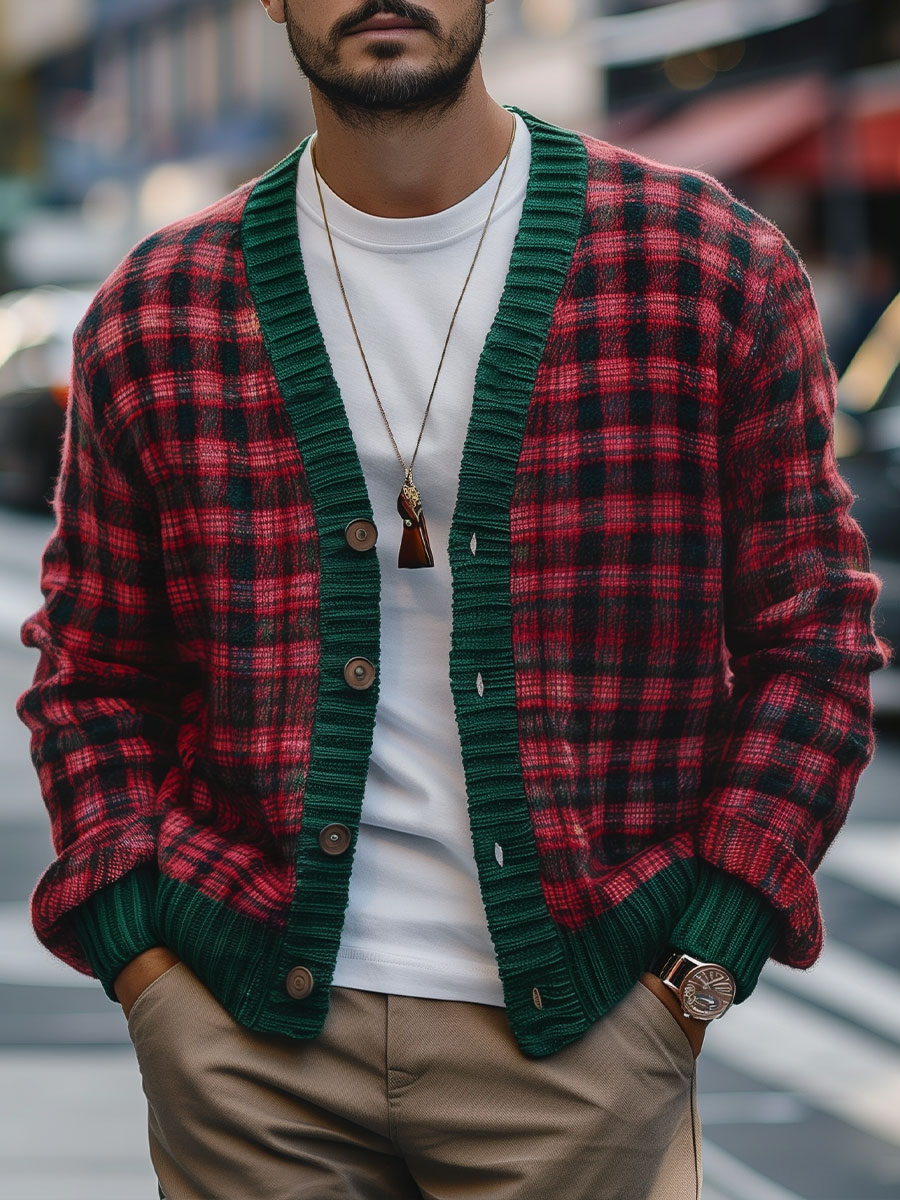 Classic Green and Red Plaid Men’s Cardigan