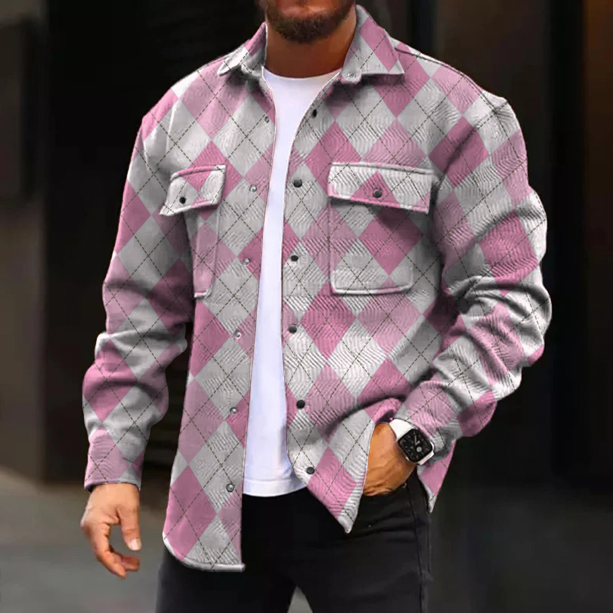 Men's Casual Jacket Stylish Plaid Print Long Sleeve Pockets Shirt Jacket