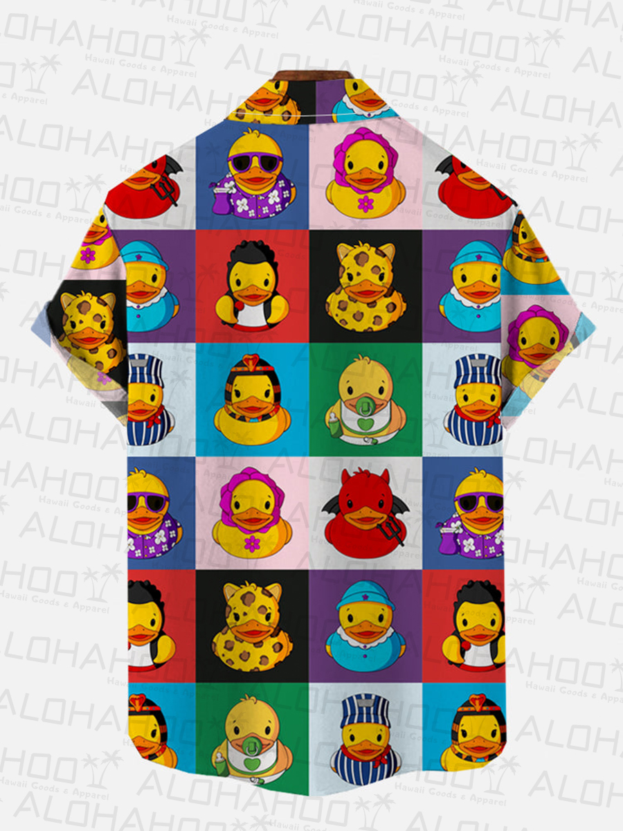 Colorblock Cute Cartoon Rubber Duck Pattern Print Breast Pocket Short Sleeve Shirt
