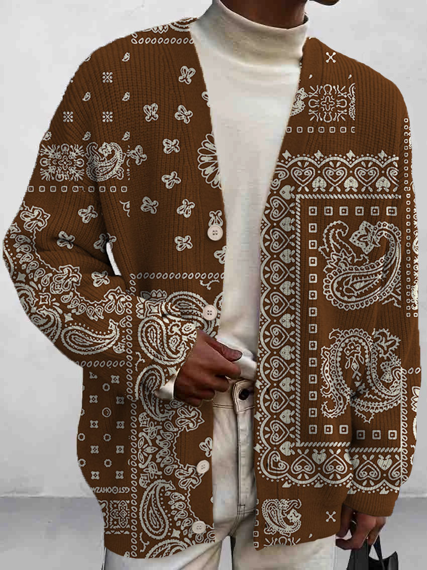 Men's Vintage Paisley Patchwork Print Buttoned Cardigan Sweater