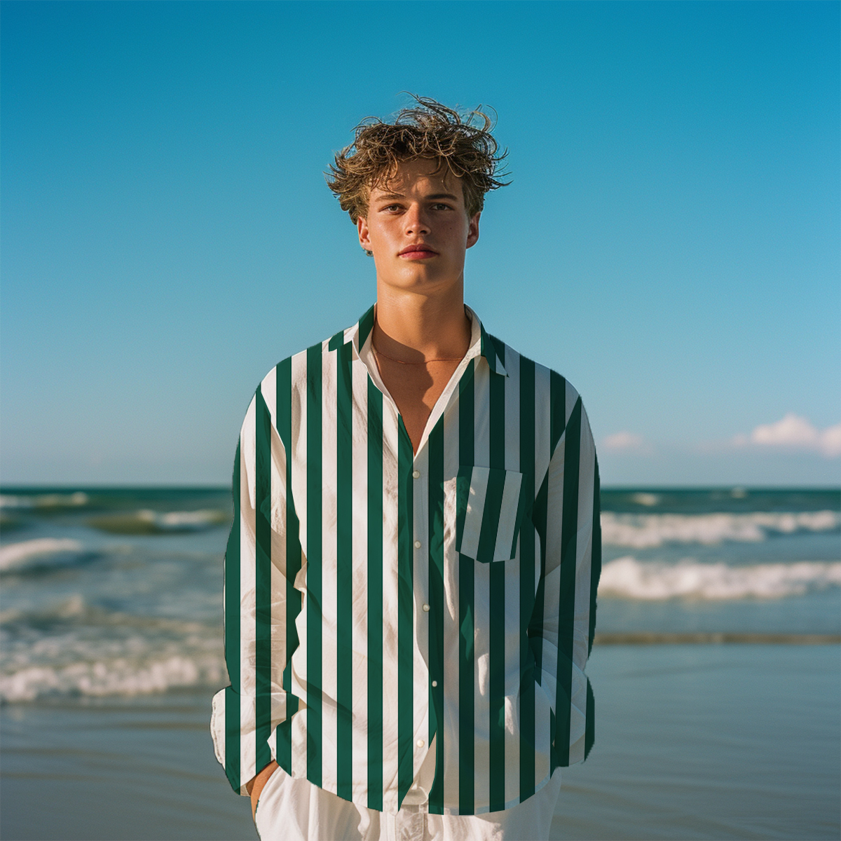 Basic Stripes Pattern Long Sleeve Pocket Hawaiian Shirt