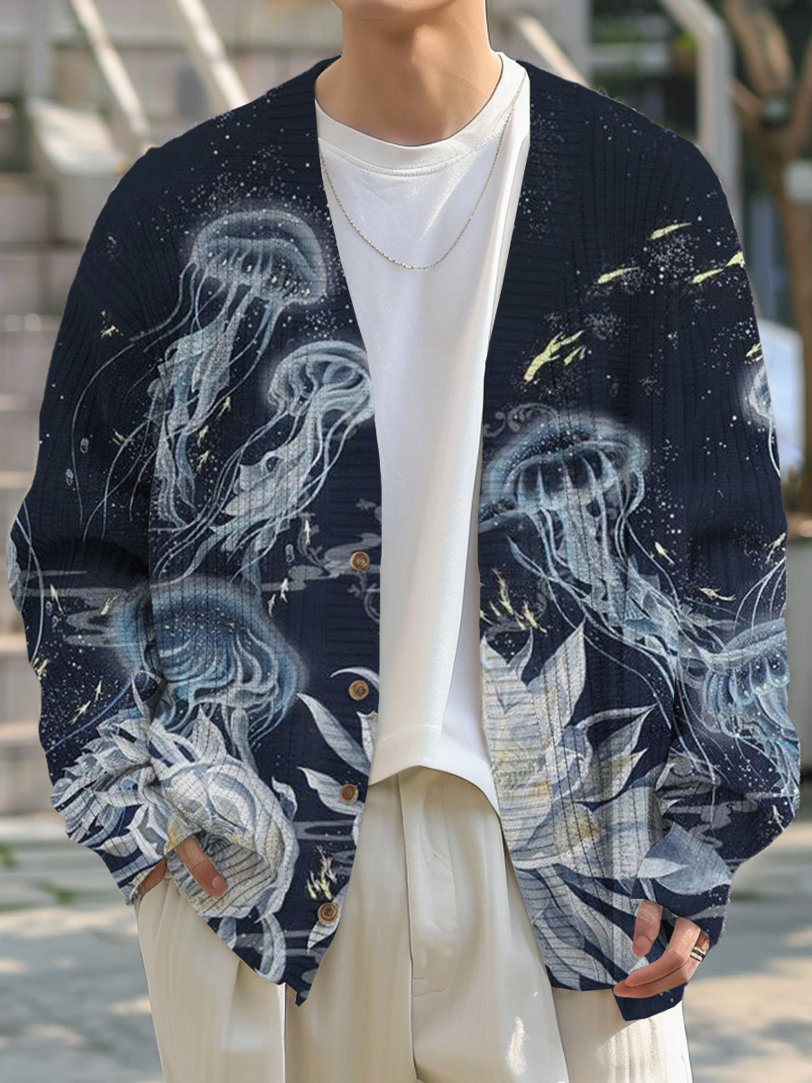 Men's Sweater Stylish Hand Drawn Jellyfish Printed Buttoned Cardigan Sweater