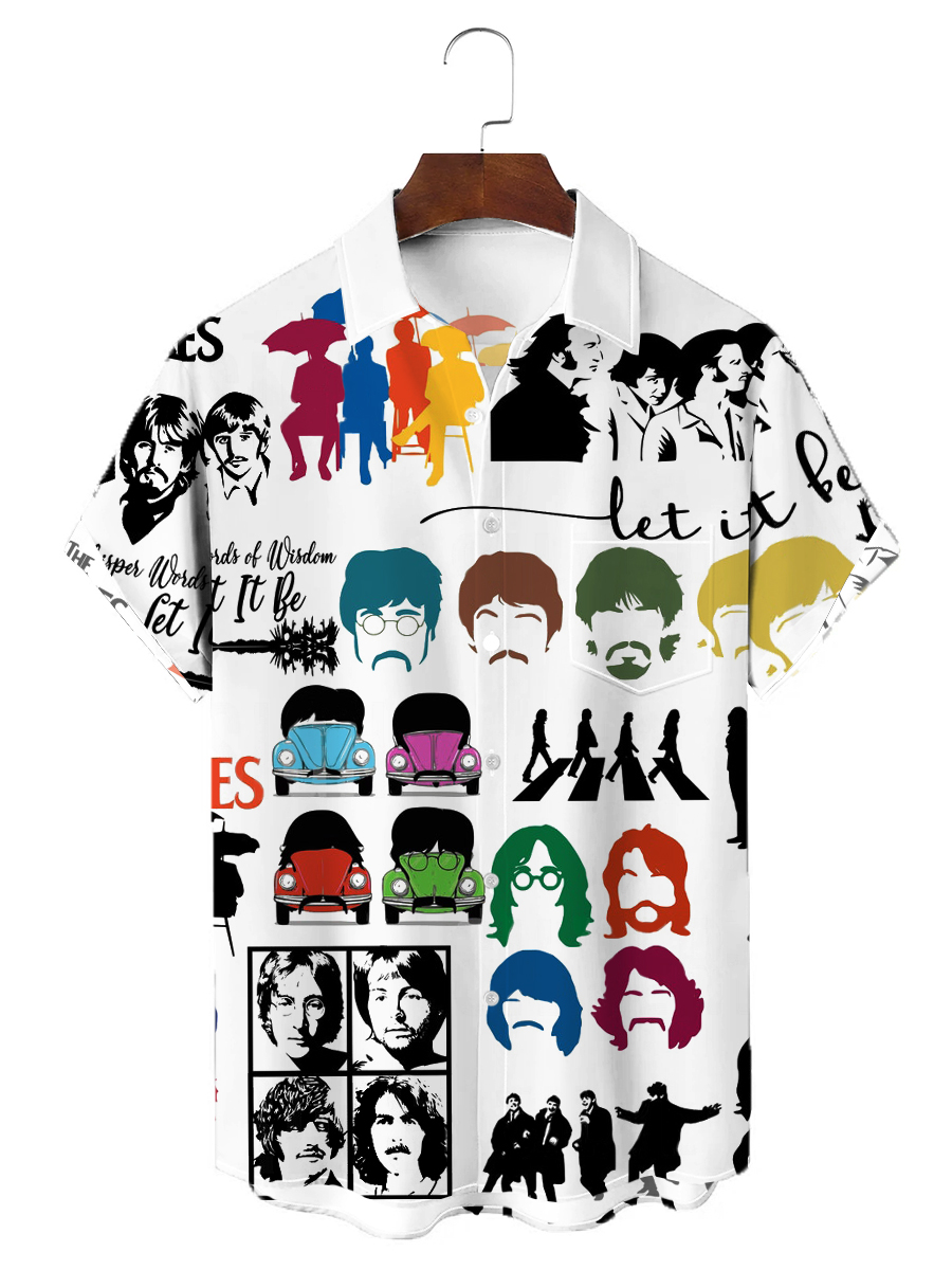 Men's Shirt Nostalgic Rock Band Print Casual Vacation Oversized Short Sleeve Shirt