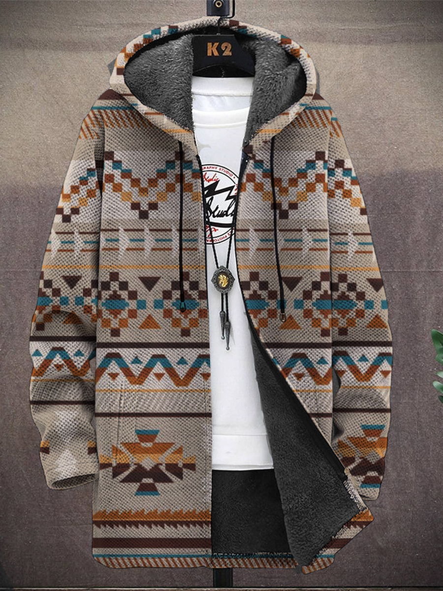 Men's Vintage Western Style Geometric Pattern Hooded Two-Pocket Fleece Cardigan Jacket