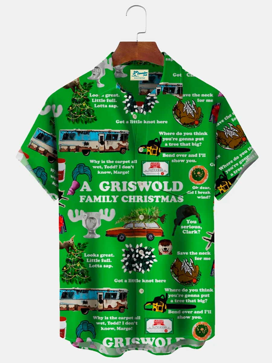 Men's Hawaiian Shirt Stretch Aloha Pocket Christmas Cartoon Camp Shirts