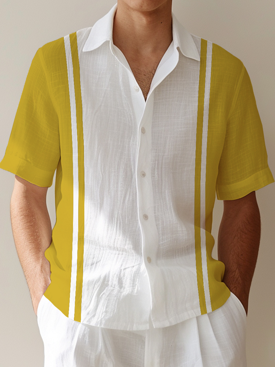 Men's Cotton-Linen Shirts Casual Natural Bowling Style Breathable Summer Lightweight Hawaiian Shirts