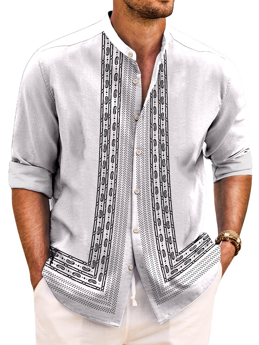 Vintage Paisley Art Print Band Collar Long Sleeve Hawaiian Shirt