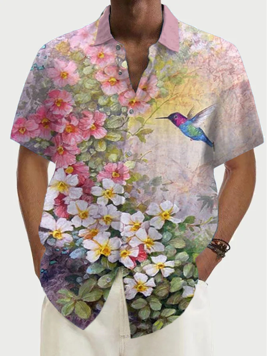 Men's Bird Floral Short Sleeve Casual Shirt