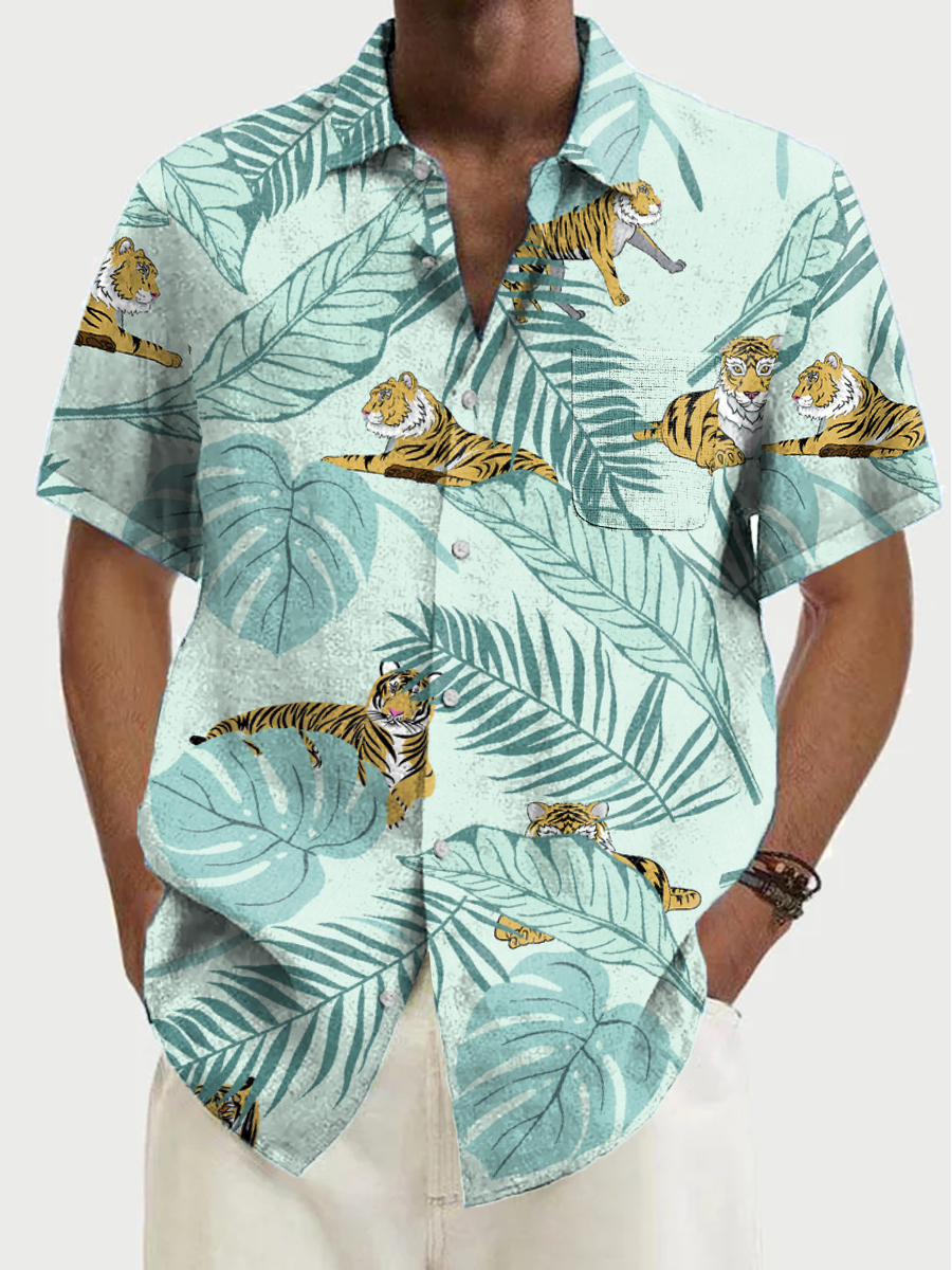 Men's Cotton-Linen Shirt Hawaiian Plant And Tiger Breathable Plus Size Shirts