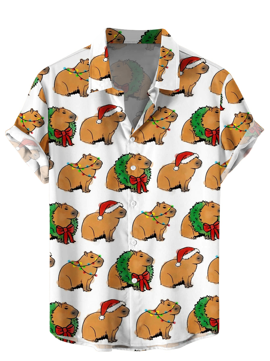 Men's Hawaiian Shirts Cute Capybara Print Aloha Christmas Shirts