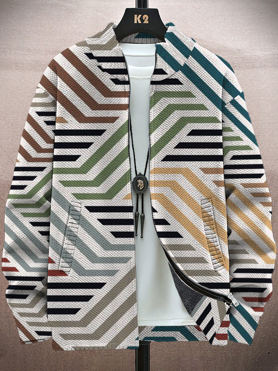 Men's Jacket Vintage Geometric Print Long-Sleeved Zip Cardigan Jacket