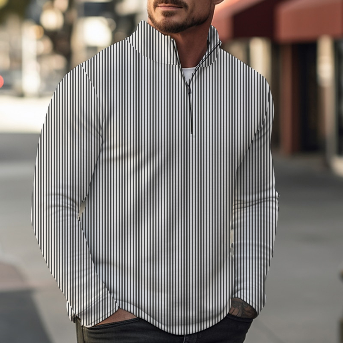 Basics Stripes Casual Zip Long Sleeve Sweater