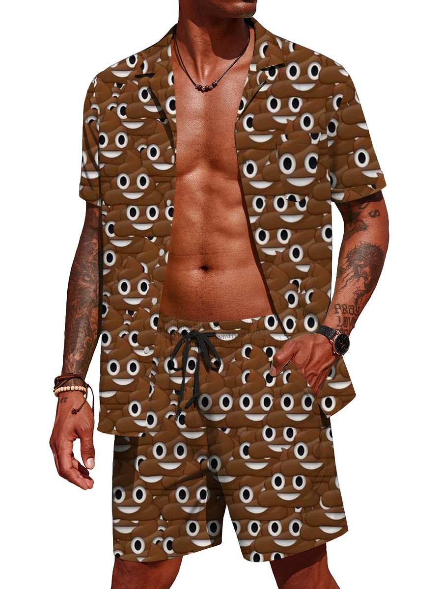 Men's Hawaiian Sets Fun Poop Emoji Pattern Button Down Two-Piece Shirt Shorts Set