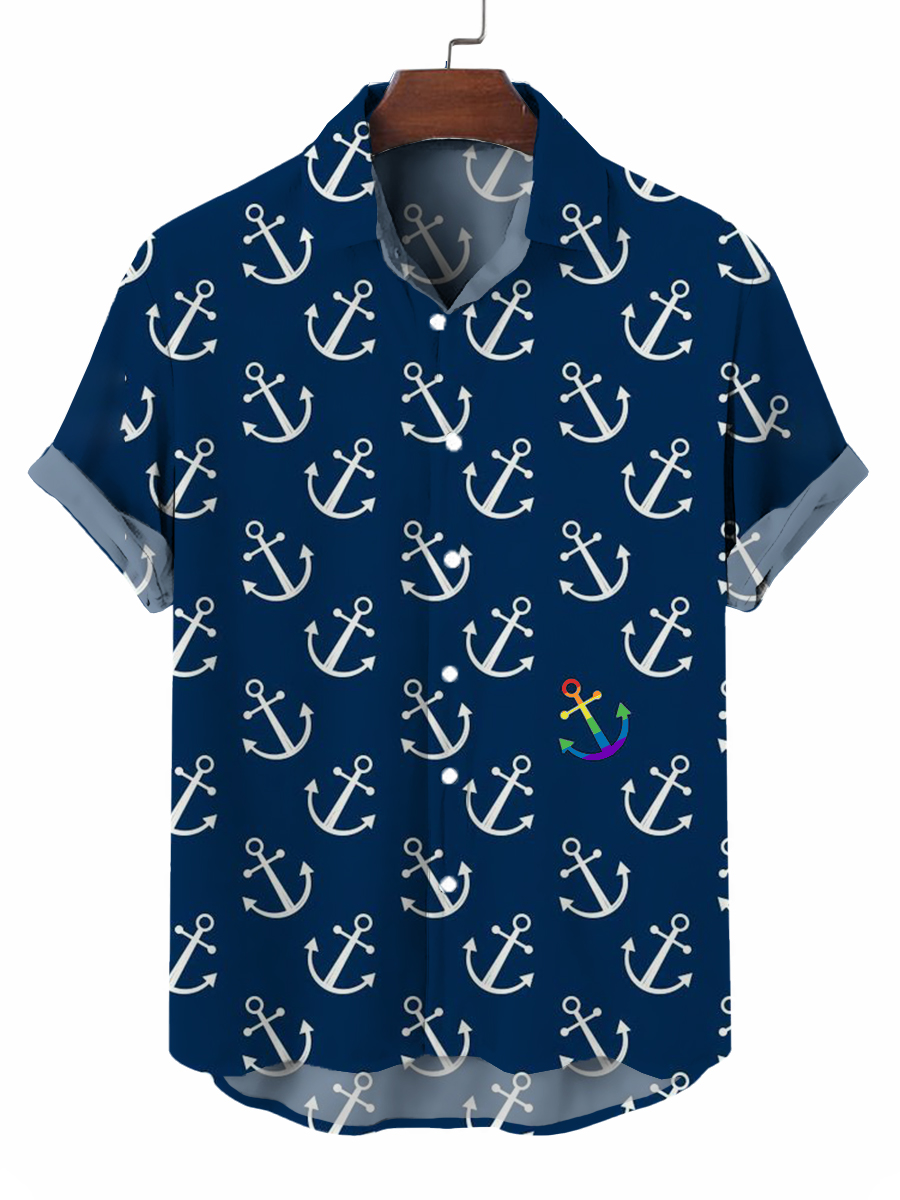 Anchor Print Short Sleeve Button Down Shirt