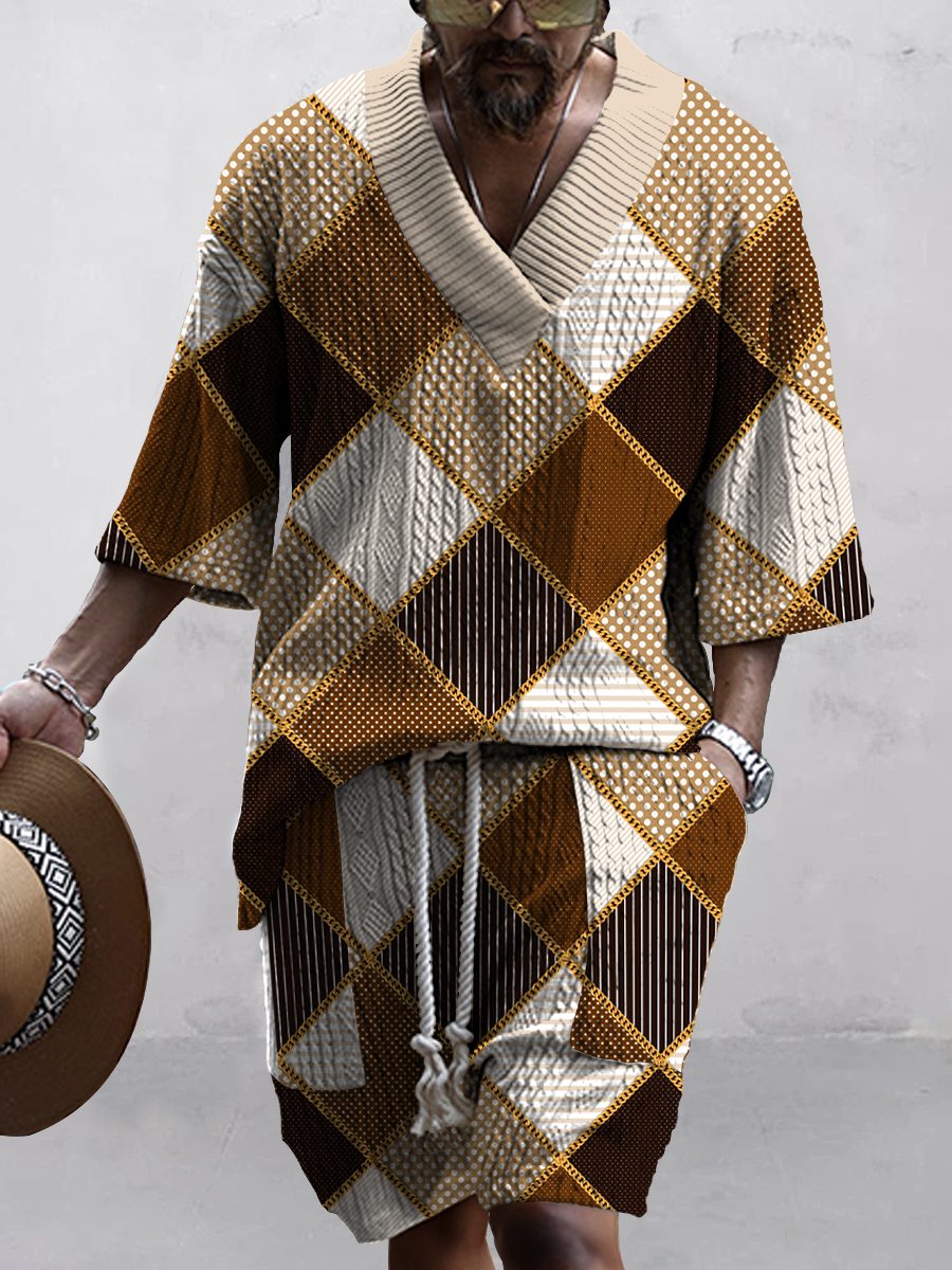 Men's Retro Geometry Plaid Print Stylish Knit Shirt Set