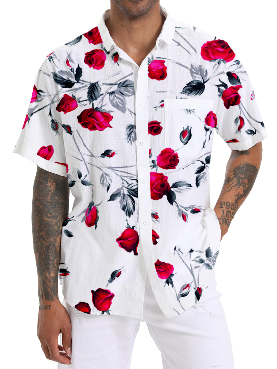 Men's Cotton-Linen Shirts Casual Rose Breathable Summer Lightweight Hawaiian Shirts