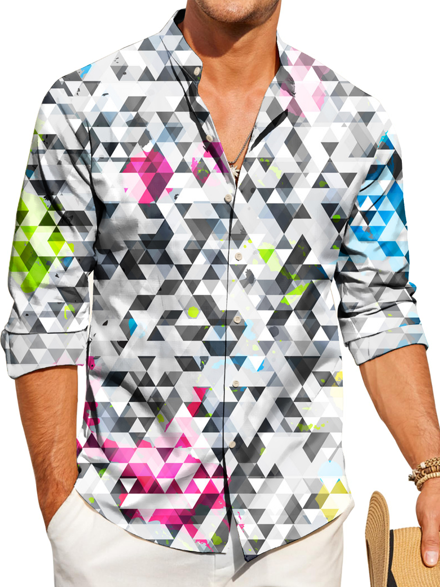 Vintage Colorful Geometry Art Print Band Collar Long Sleeve Hawaiian Shirt