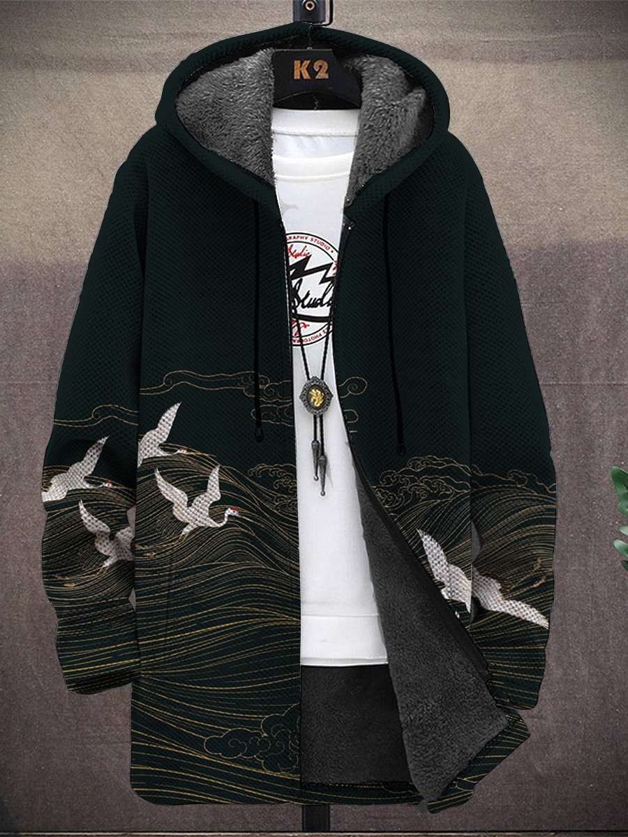 Men's Japanese Style Crane Print Hooded Two-Pocket Fleece Cardigan Jacket