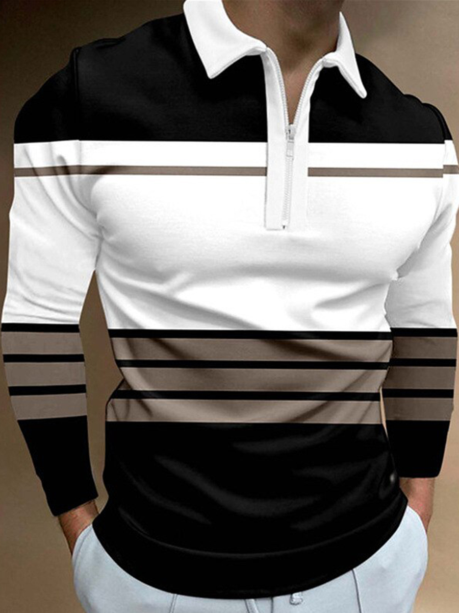 Men's Stripes Print Daily Zip Waffle Polo Shirt