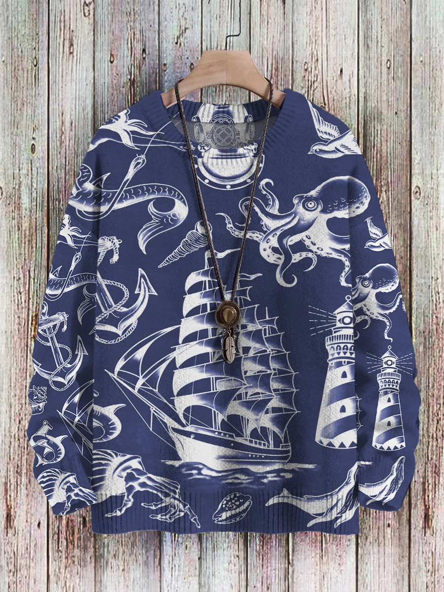 Men's Sweater Vintage Nautical Mermaid Boat Pattern Pullover Print Casual Sweater