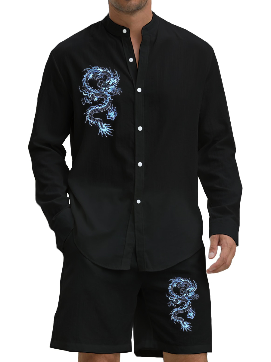 Men's Sets Hawaiian Japanese Style Dragon Art Print Button Pocket Two-Piece Shirt Shorts Set