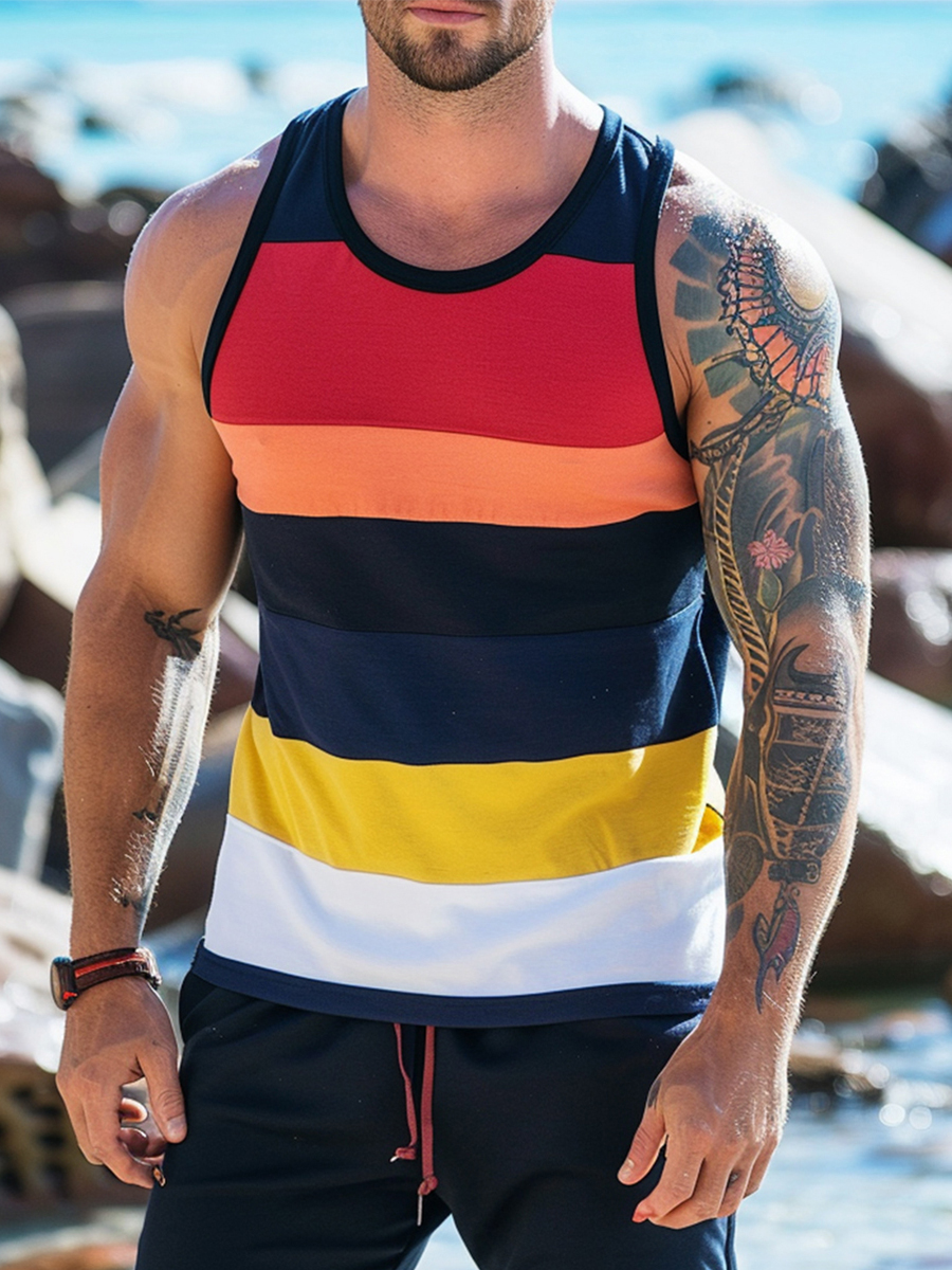 Men's Sleeveless Muscle Tank Top Multicolor Stripes Tank Top