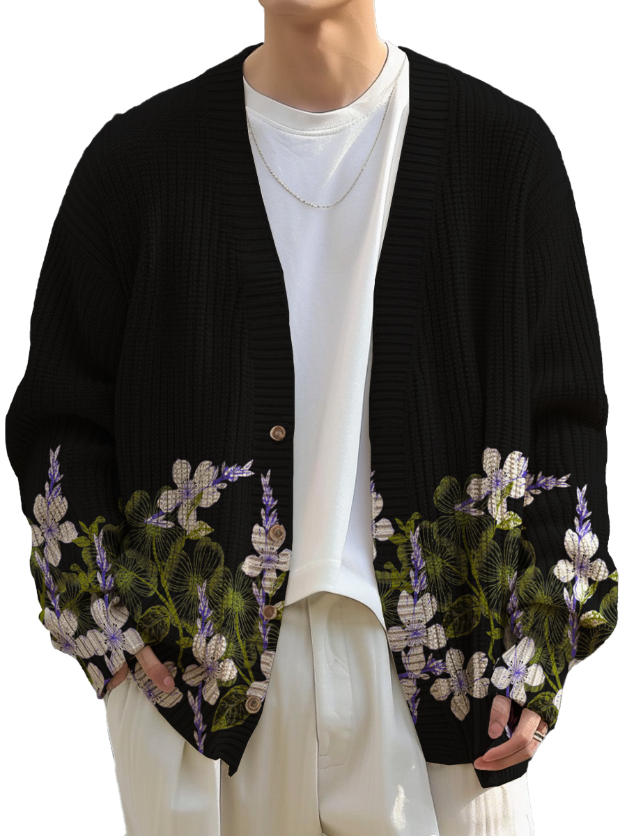 Men's Vintage Floral Print Buttoned Cardigan Sweater