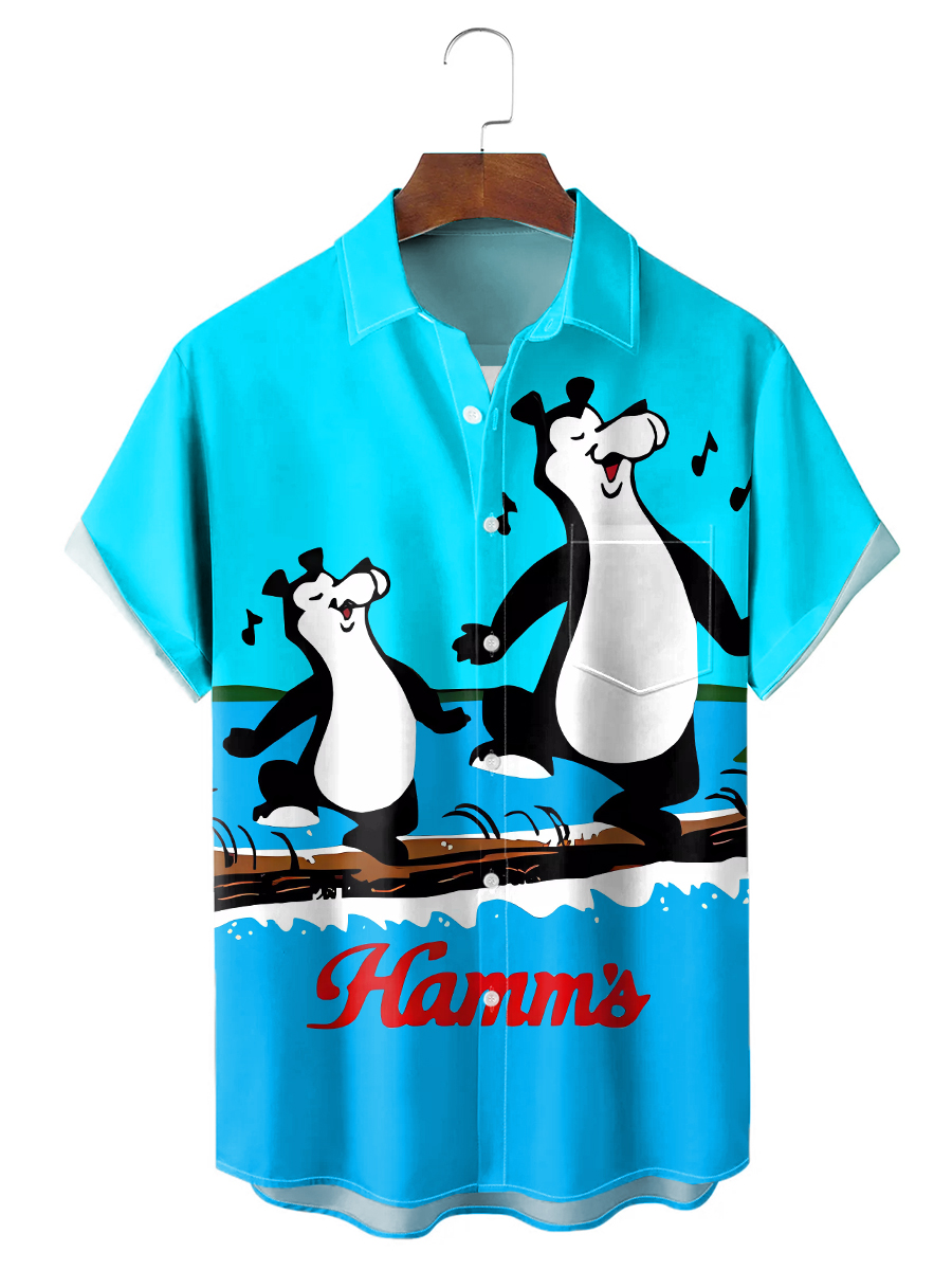 Nostalgic Cartoon Bear Moisture wicking Creative Chest Pocket Short Sleeve Casual Shirt