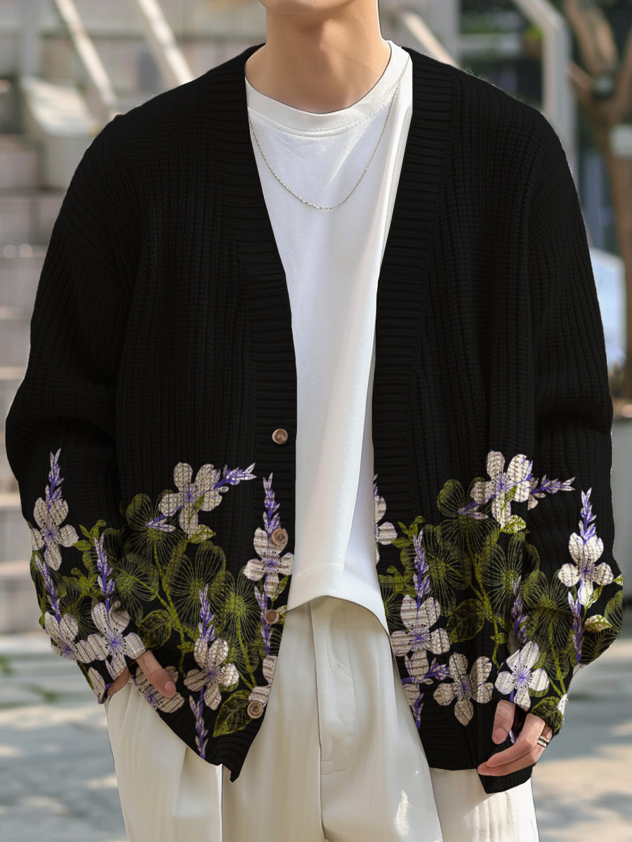 Men's Vintage Floral Print Buttoned Cardigan Sweater