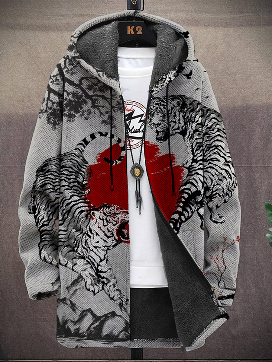 Men's Japanese Style Yin Yang Tiger Pattern Hooded Two-Pocket Fleece Cardigan Jacket