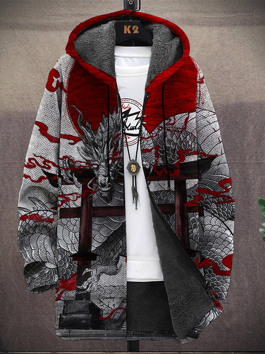Men's Japanese Style Dragon Pattern Hooded Two-Pocket Fleece Cardigan Jacket