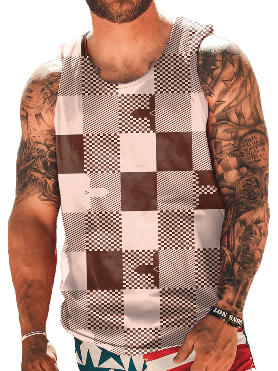 Men's Tank Top Vintage Plaid Print Crew Neck Tank T-Shirt