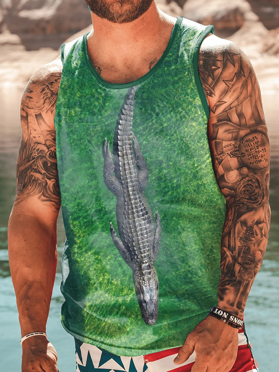 Men's Tank Top 3D Alligator Print Crew Neck Tank T-Shirt