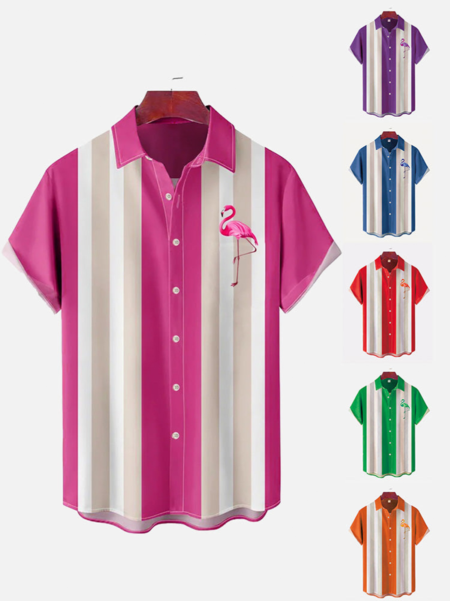 Flamingo Print Summer Bowling Style Hawaiian Short Sleeve Shirt