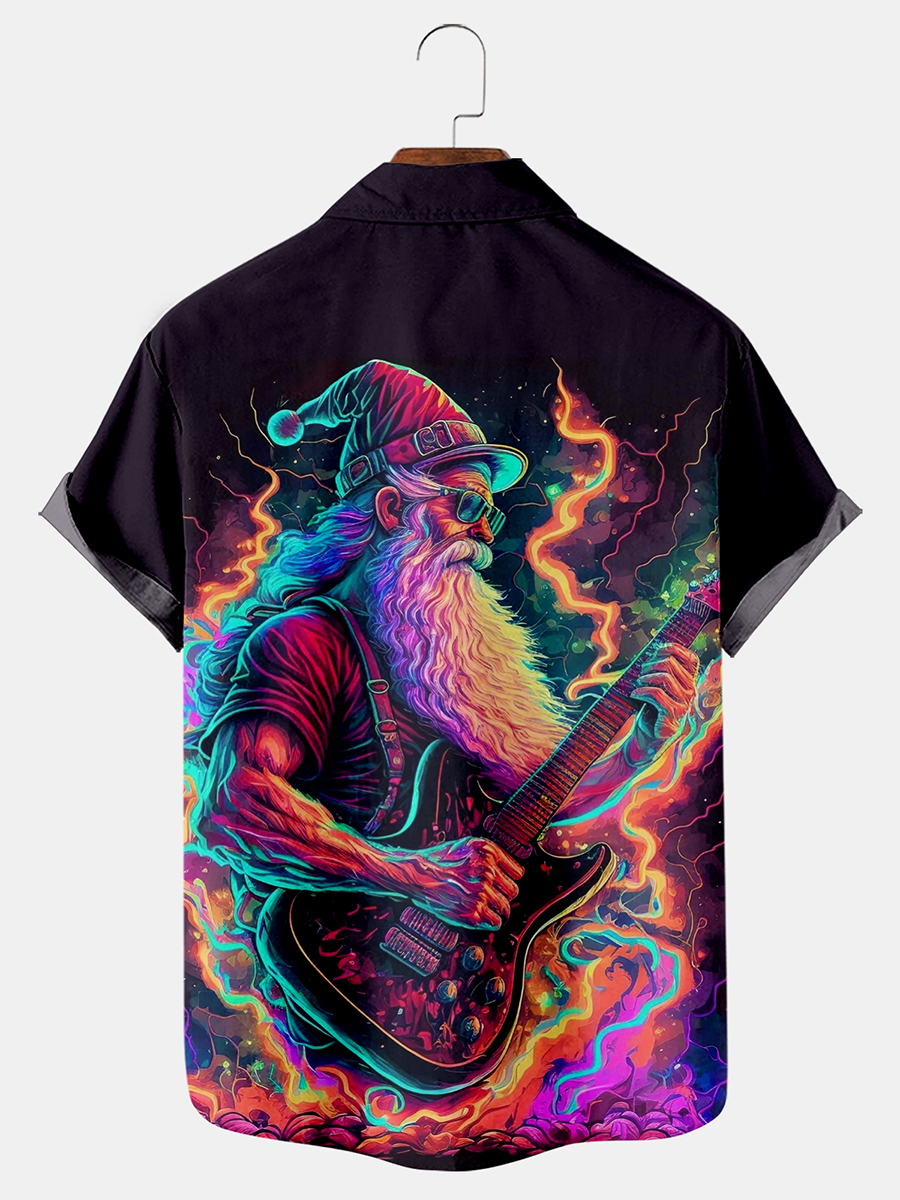 Stylish Santa Guitar Print Short Sleeve Shirt