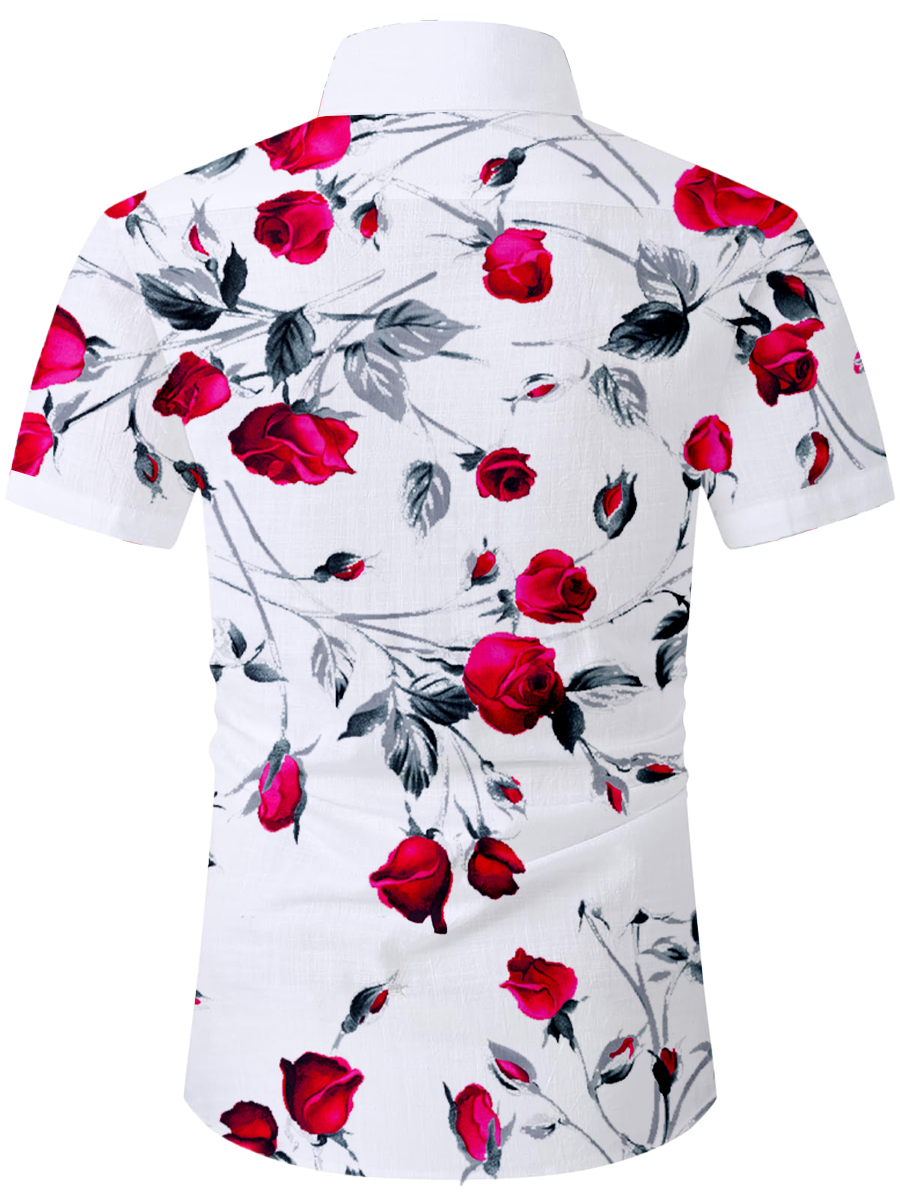 Men's Cotton-Linen Shirts Casual Rose Breathable Summer Lightweight Hawaiian Shirts