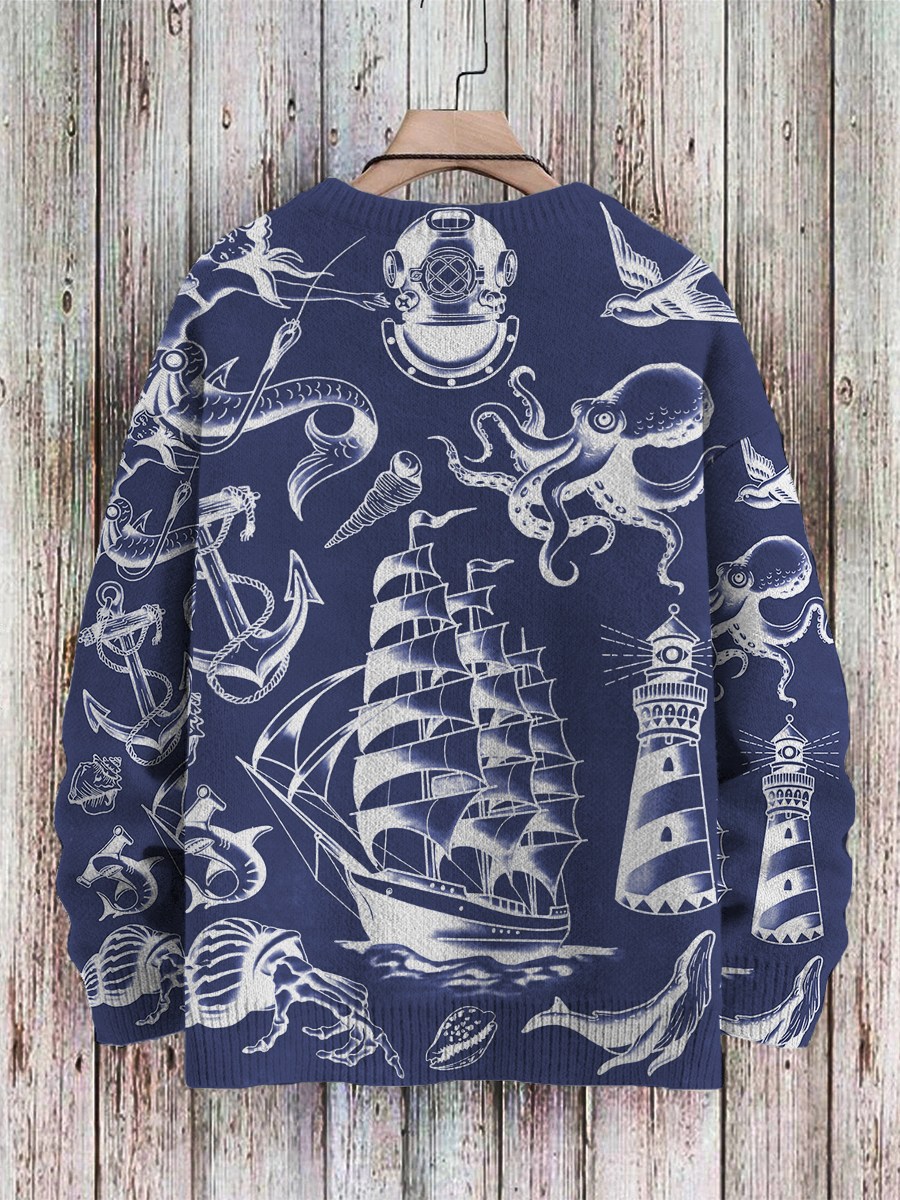 Men's Sweater Vintage Nautical Mermaid Boat Pattern Pullover Print Casual Sweater