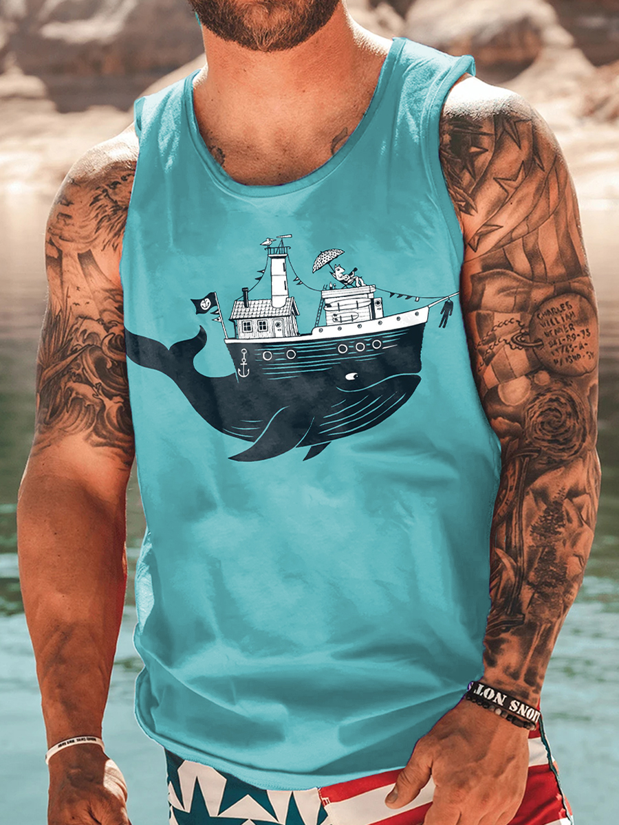 Men's Tank Top Fun Cartoon Nautical Print Crew Neck Tank T-Shirt