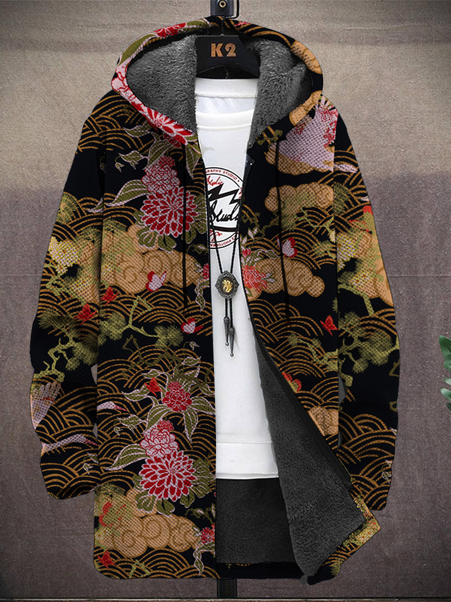 Men's Japanese Style Floral Print Hooded Two-Pocket Fleece Cardigan Jacket