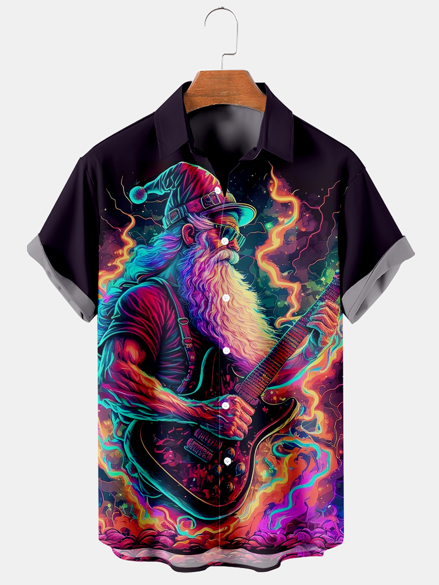 Stylish Santa Guitar Print Short Sleeve Shirt