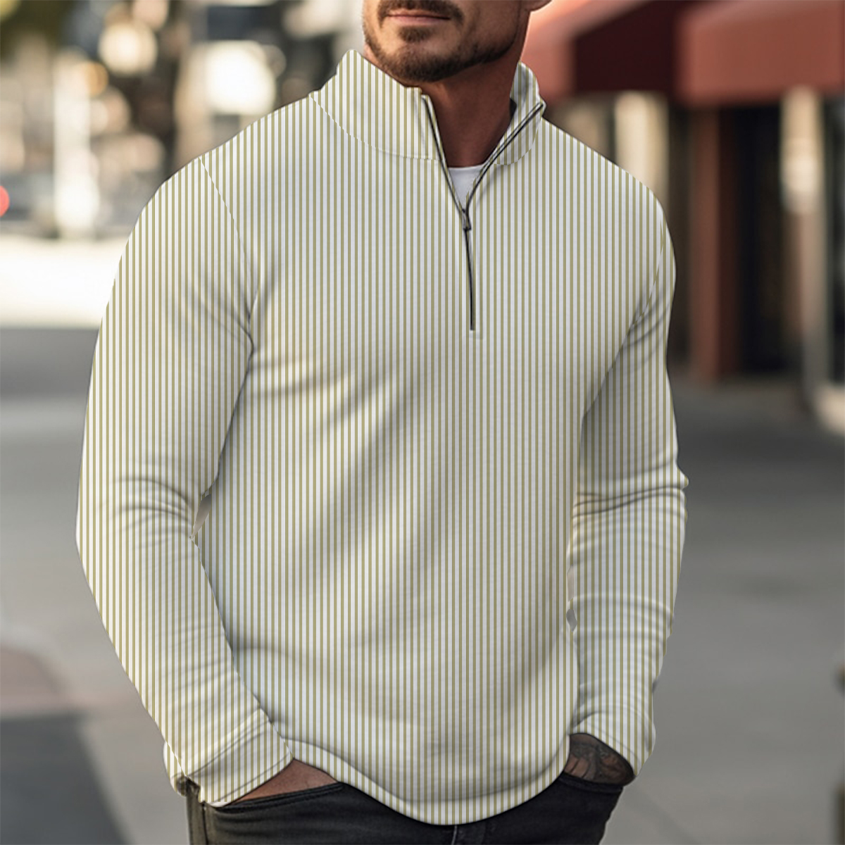 Basics Stripes Casual Zip Long Sleeve Sweater