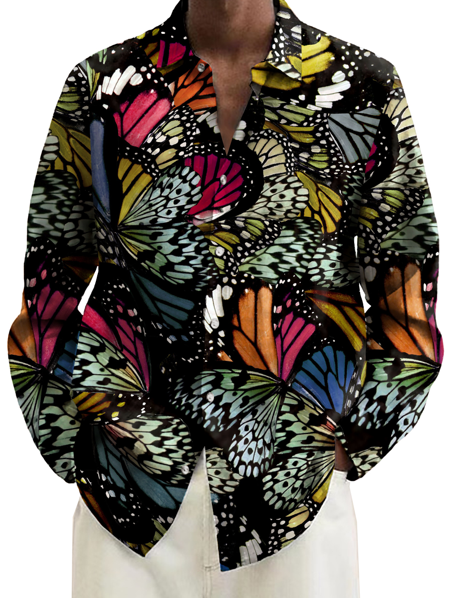 Casual Butterfly Wing Pattern Long Sleeve Hawaiian Shirt