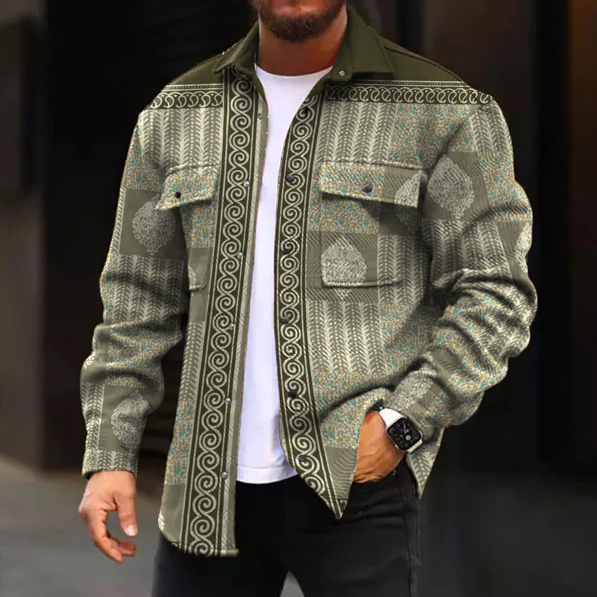 Men's Casual Jacket Retro Geometric Art Design Pattern Long Sleeve Pockets Shirt Jacket