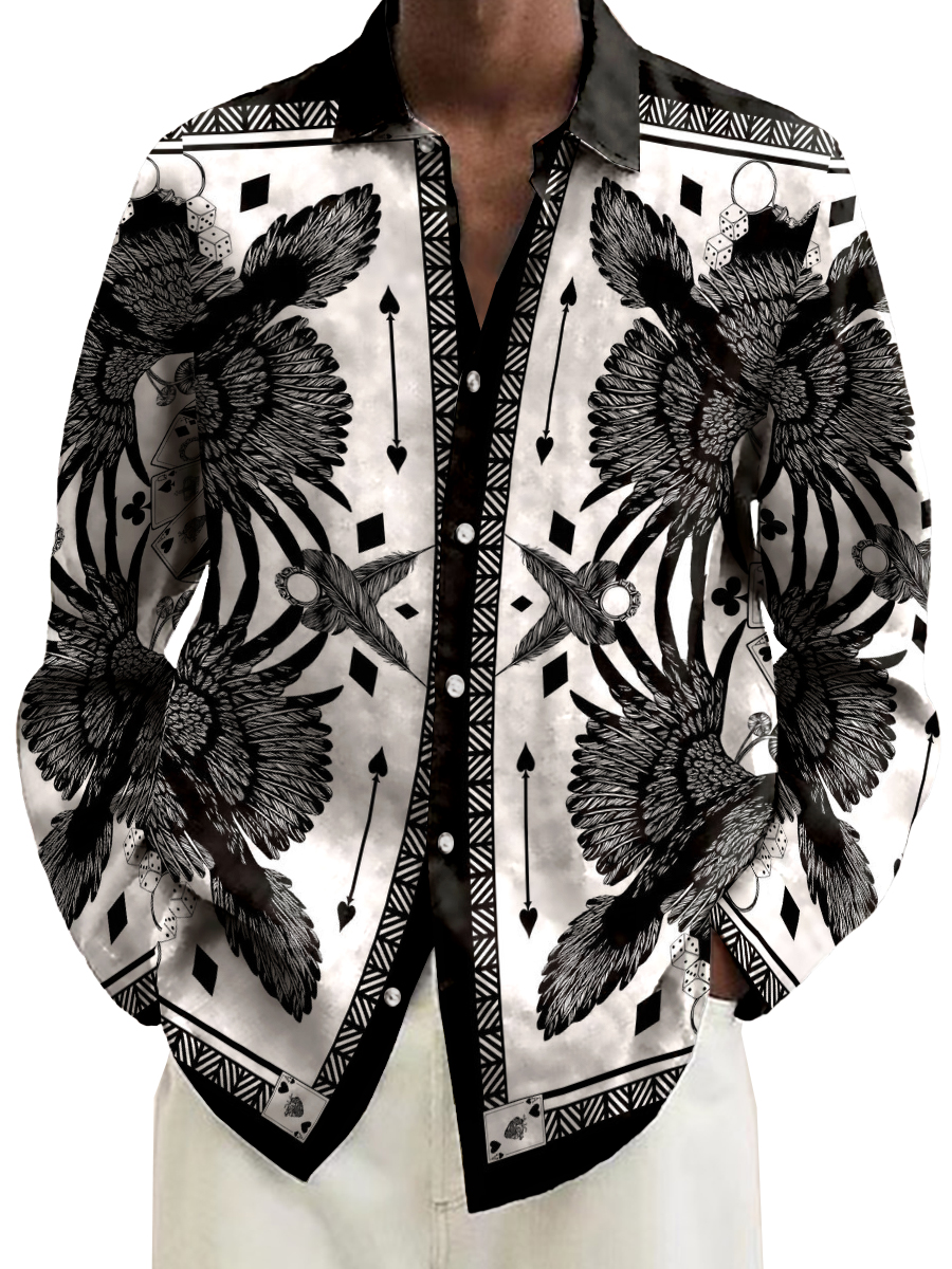 Stylish Black And White Eagle Print Long Sleeve Hawaiian Shirt