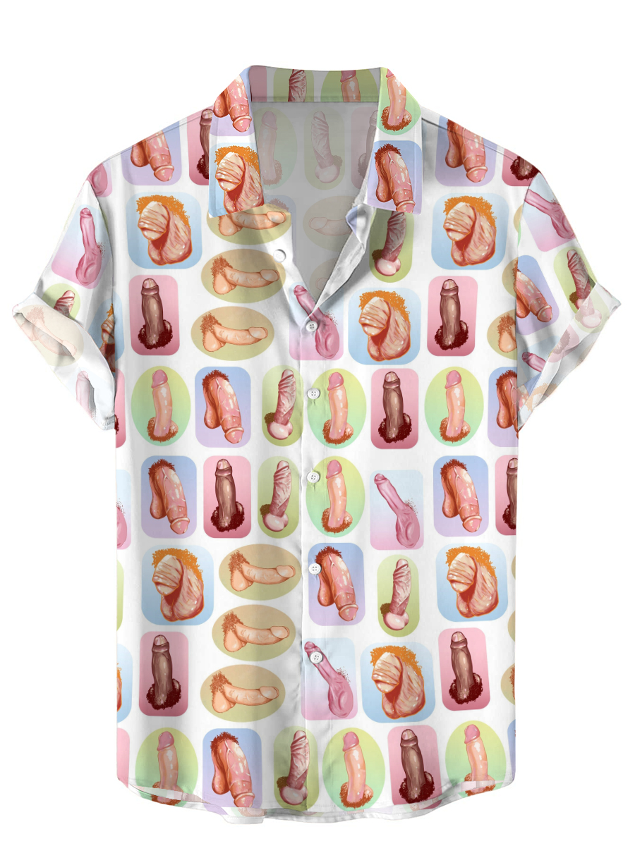 Men's Hawaiian Shirts Funny Colorful Cocks Print Short Sleeve Shirt
