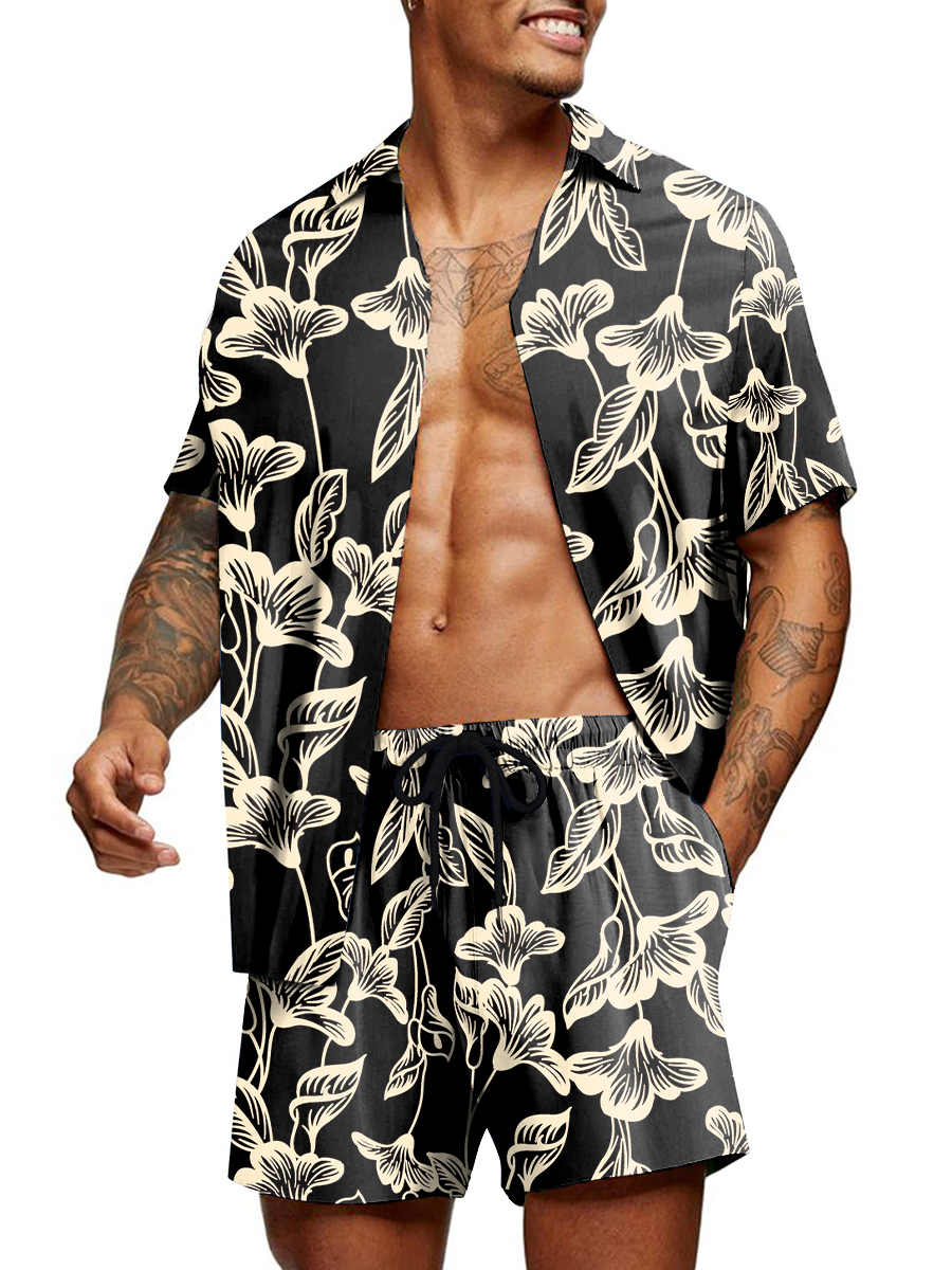 Men's Sets Hawaiian Floral Button Down Two-Piece Shirt Shorts Set