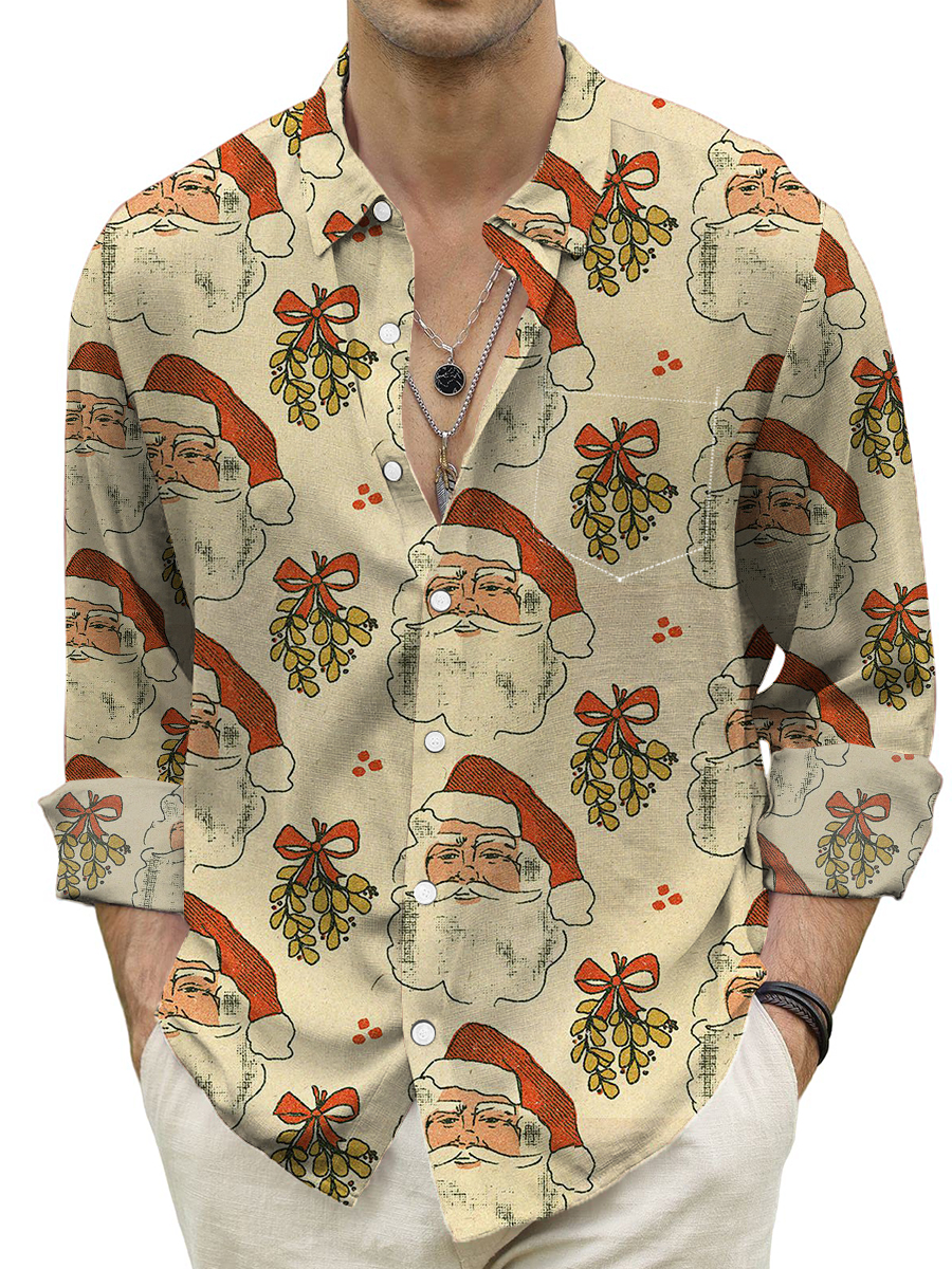 Retro Christmas Santa Print Long Sleeve Hawaiian Shirt