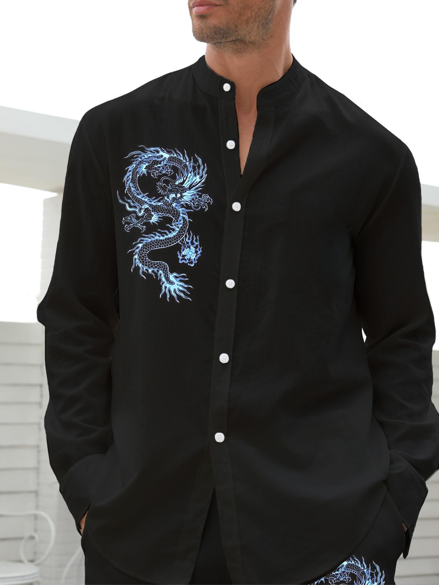 Men's Sets Hawaiian Japanese Style Dragon Art Print Button Pocket Two-Piece Shirt Shorts Set