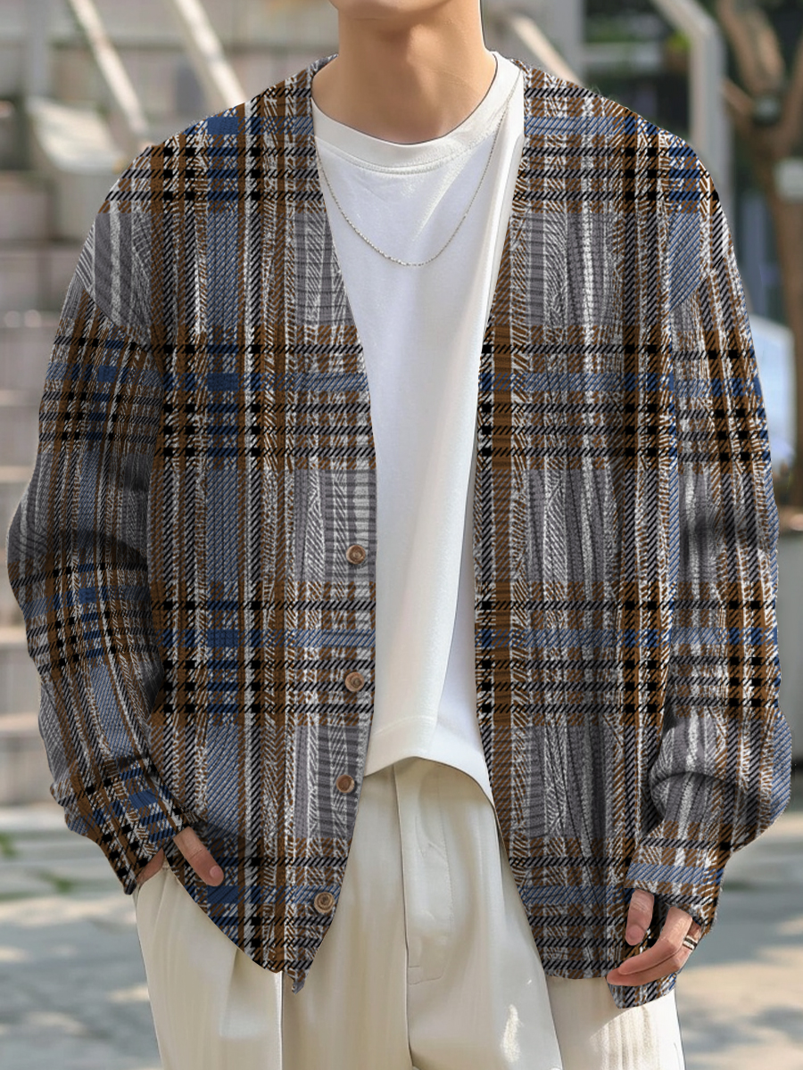 Men's Vintage Plaid Print Buttoned Cardigan Sweater