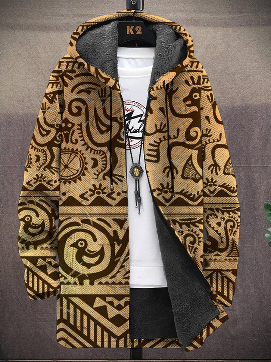 Men's African Primitive Art Pattern Hooded Two-Pocket Fleece Jacket